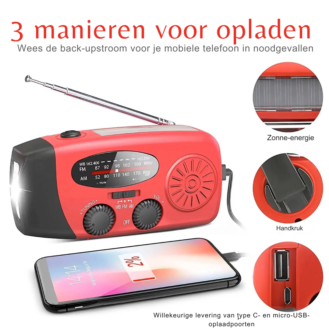 SafeCharge™ | 3-in-1 Noodradio met Solar & Handdynamo (2000mAh)